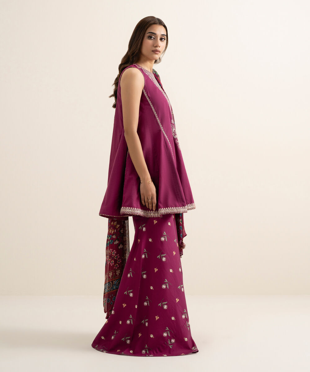 Women's Unstitched Lawn Embroidered Fuchsia Pink 3 Piece Suit