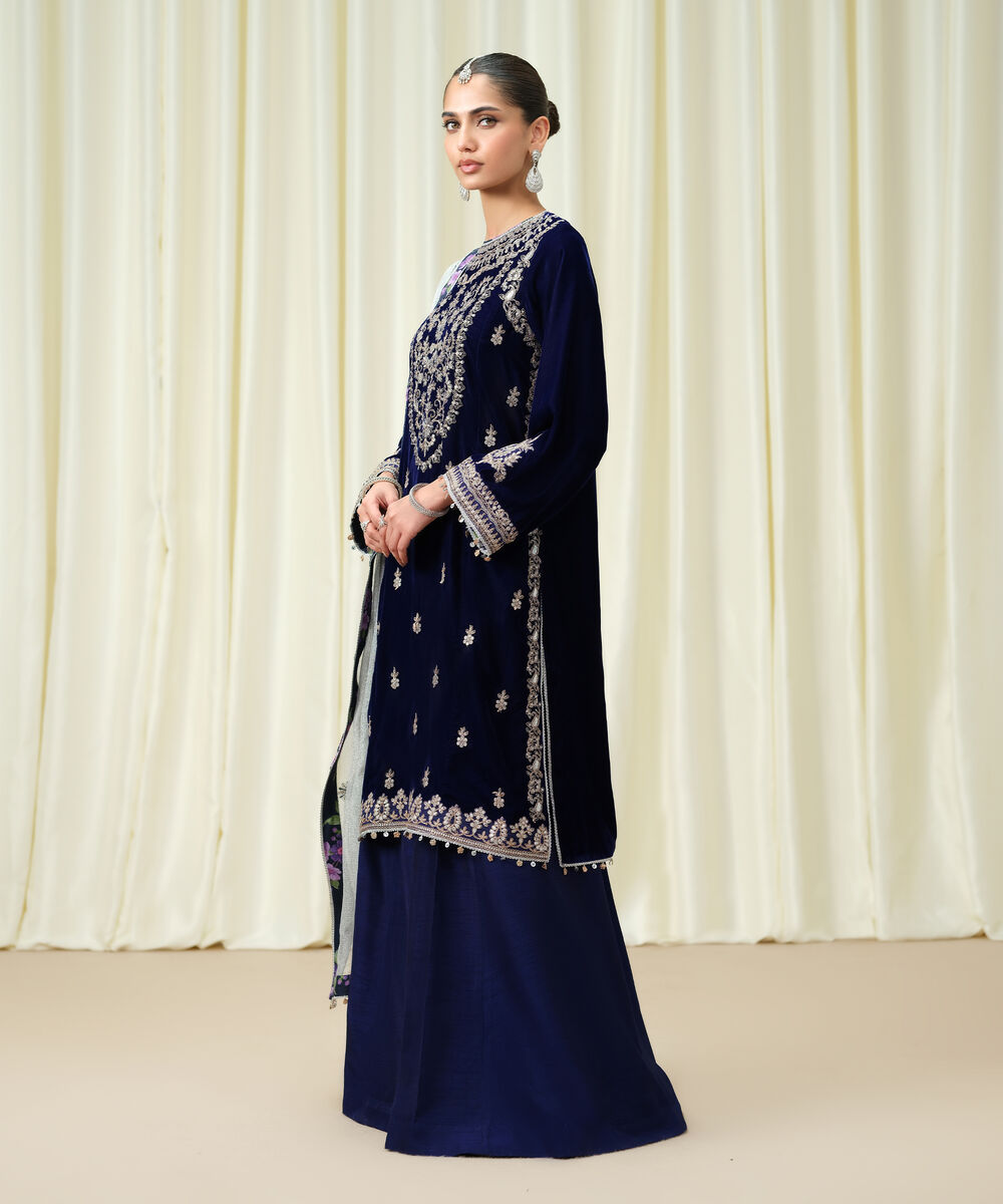 Women's Unstitched Velvet Embroidered Blue 3 Piece Suit
