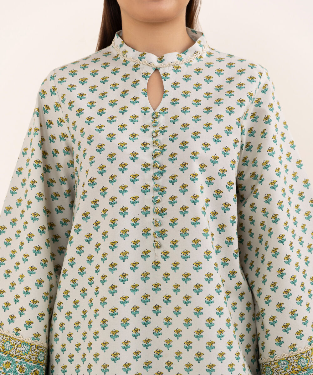 Women's Unstitched Cotton Printed Off White Three Piece Suit