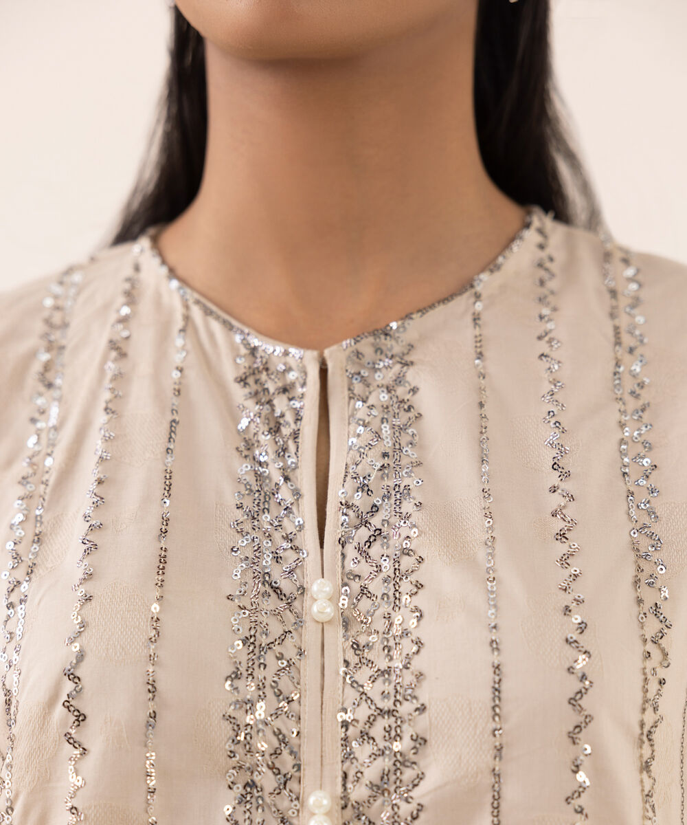 Women's RTW Cotton Jacquard Beige Embroidered A-Line Shirt