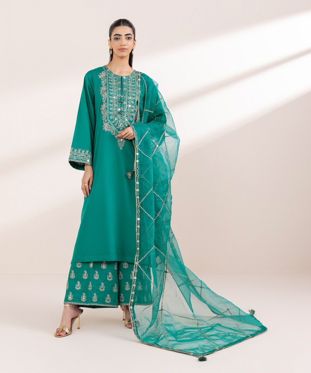 Women's RTW Dobby Green Embroidered A-Line Shirt