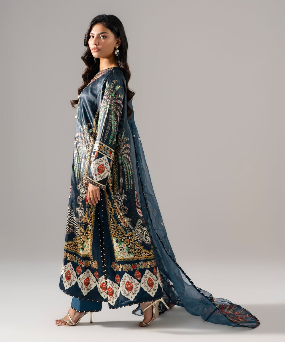 Women's RTW Blended Satin Embroidered Black 3 Piece Suit
