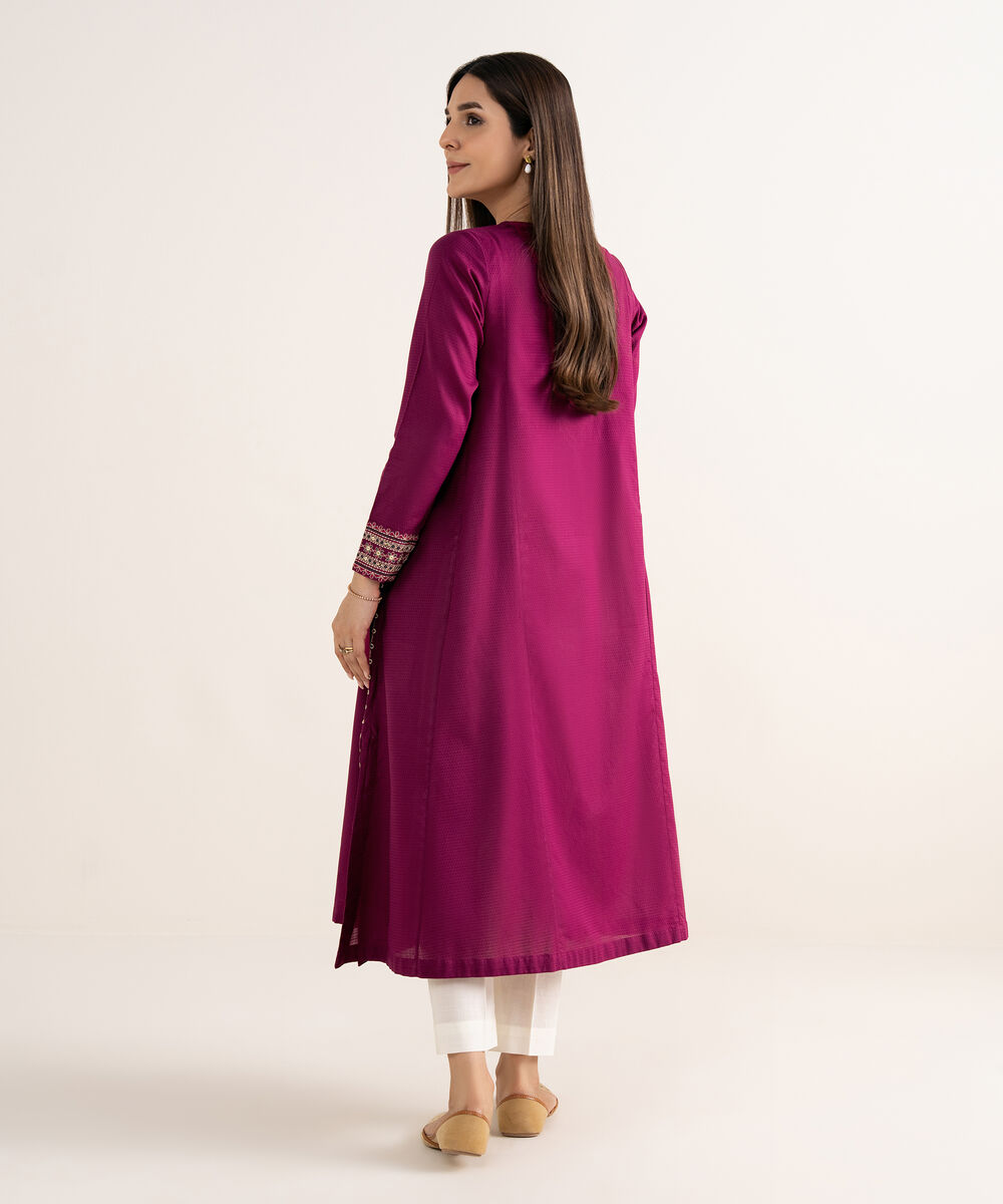 Women's RTW Textured Cotton Crimson Embroidered A-Line Shirt