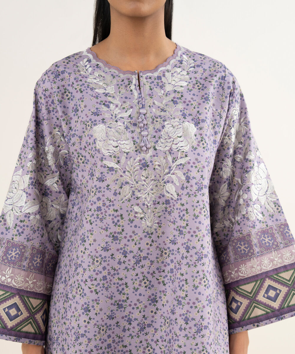 Women's Unstitched Cotton Embroidered Purple 3 Piece Suit