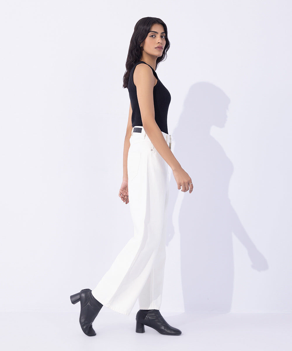 Woman - Off White Cropped Wide Leg Jeans