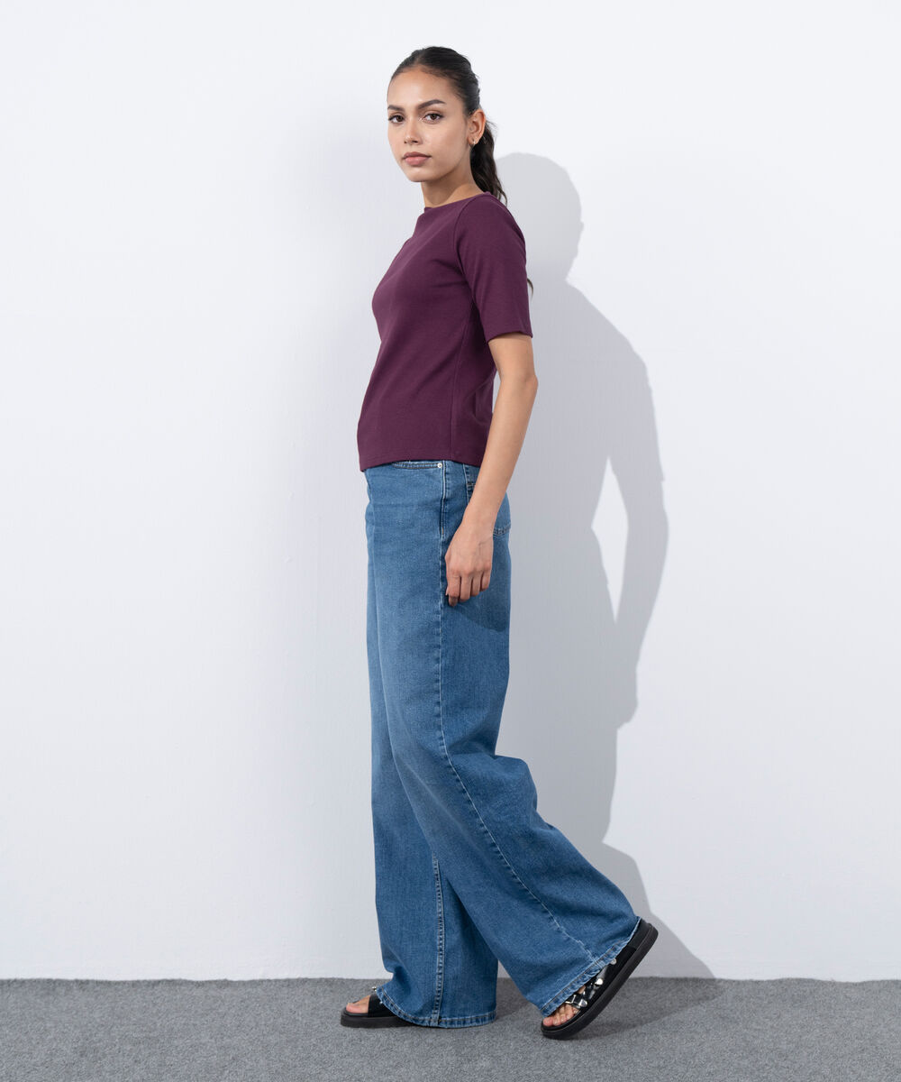 Women's Western Wear Purple Slash Neck Rib Top