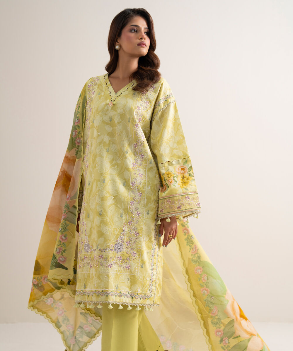 Women's Unstitched Lawn Embroidered Yellow  3 Piece Suit