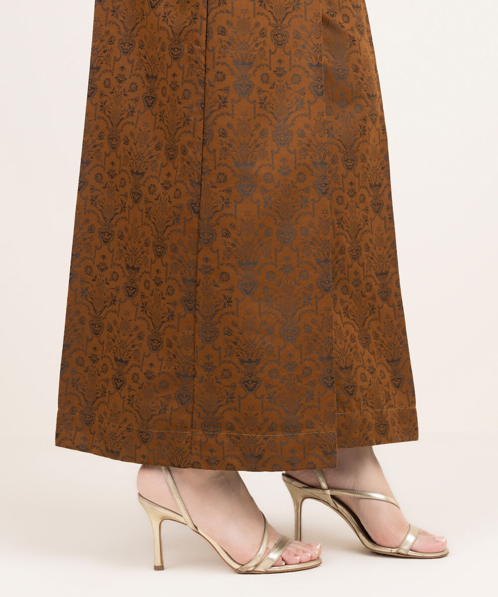 Women's RTW Extra Weft Jacquard Solid Brown Flared Pants