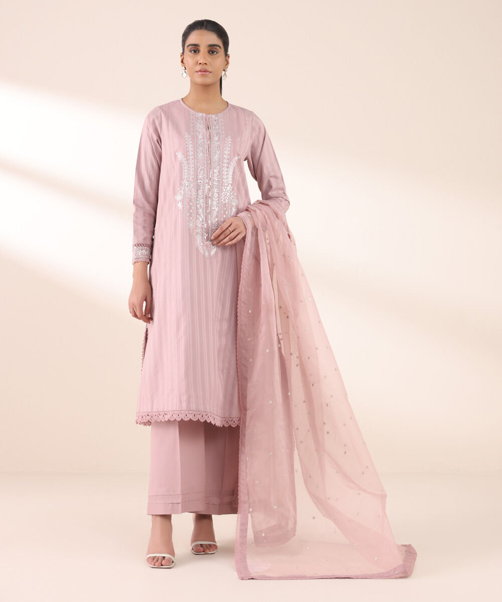 Women's RTW Dobby Pink Embroidered A-Line Shirt