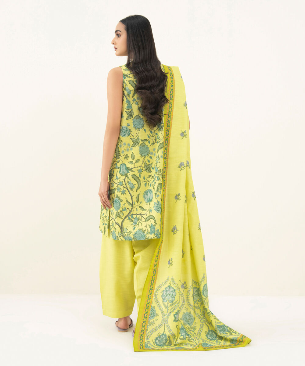 Women's Unstitched Printed Cotton Lime Yellow 3 Piece Suit