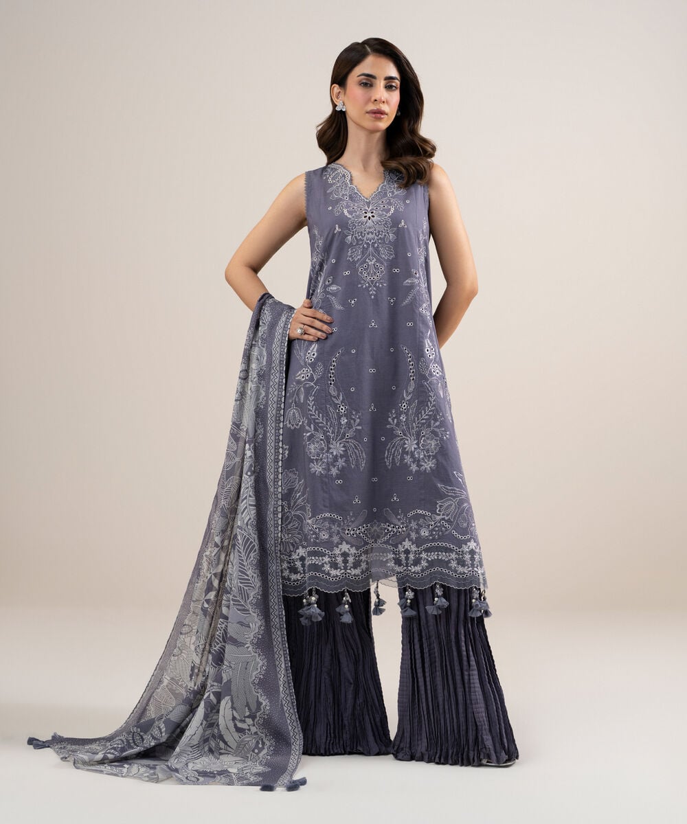 Women's Unstitched Textured Lawn Embroidered Purple 3 Piece Suit