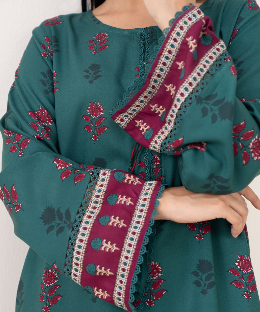 Women's RTW Linen Viscose Printed Green Straight Shirt