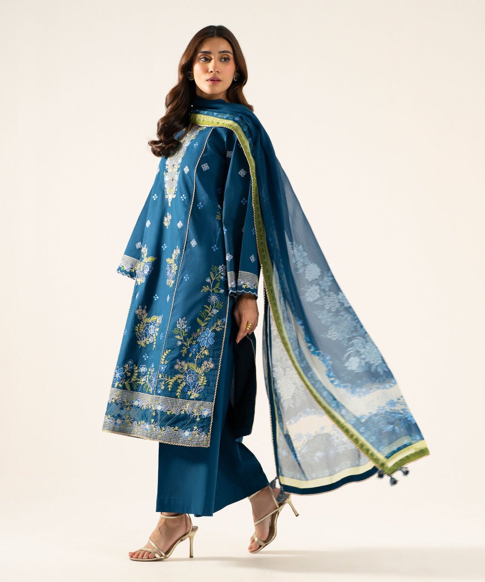 Women's Unstitched Bemberg Tissue Embroidered Blue 3 Piece Suit