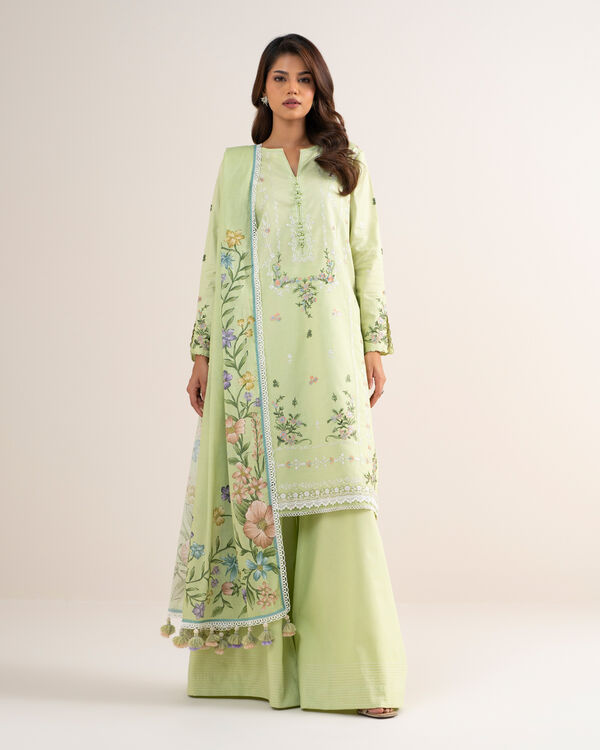 3 Piece - Embroidered Cotton Satin Suit