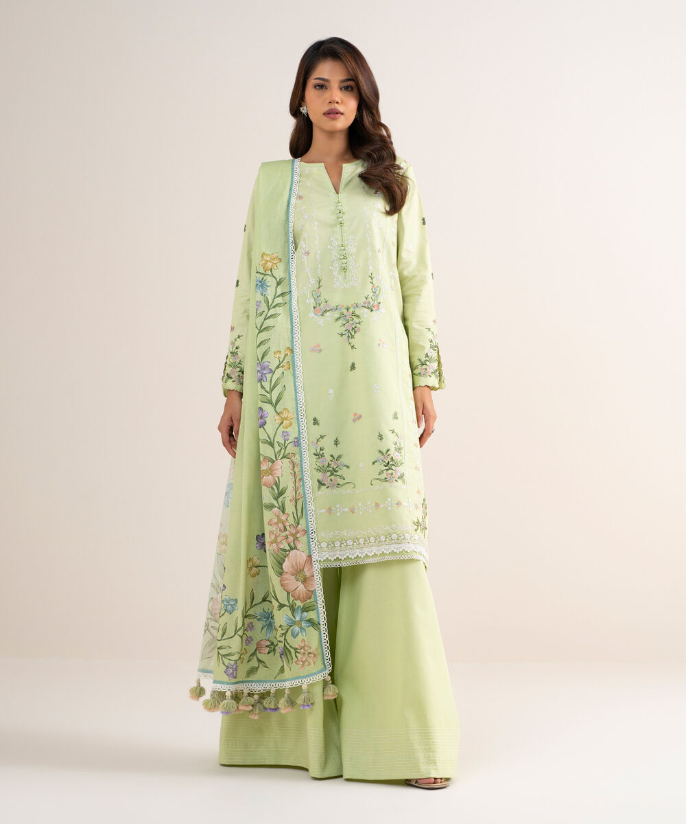 Women's Unstitched Fine Cotton Satin Embroidered Green