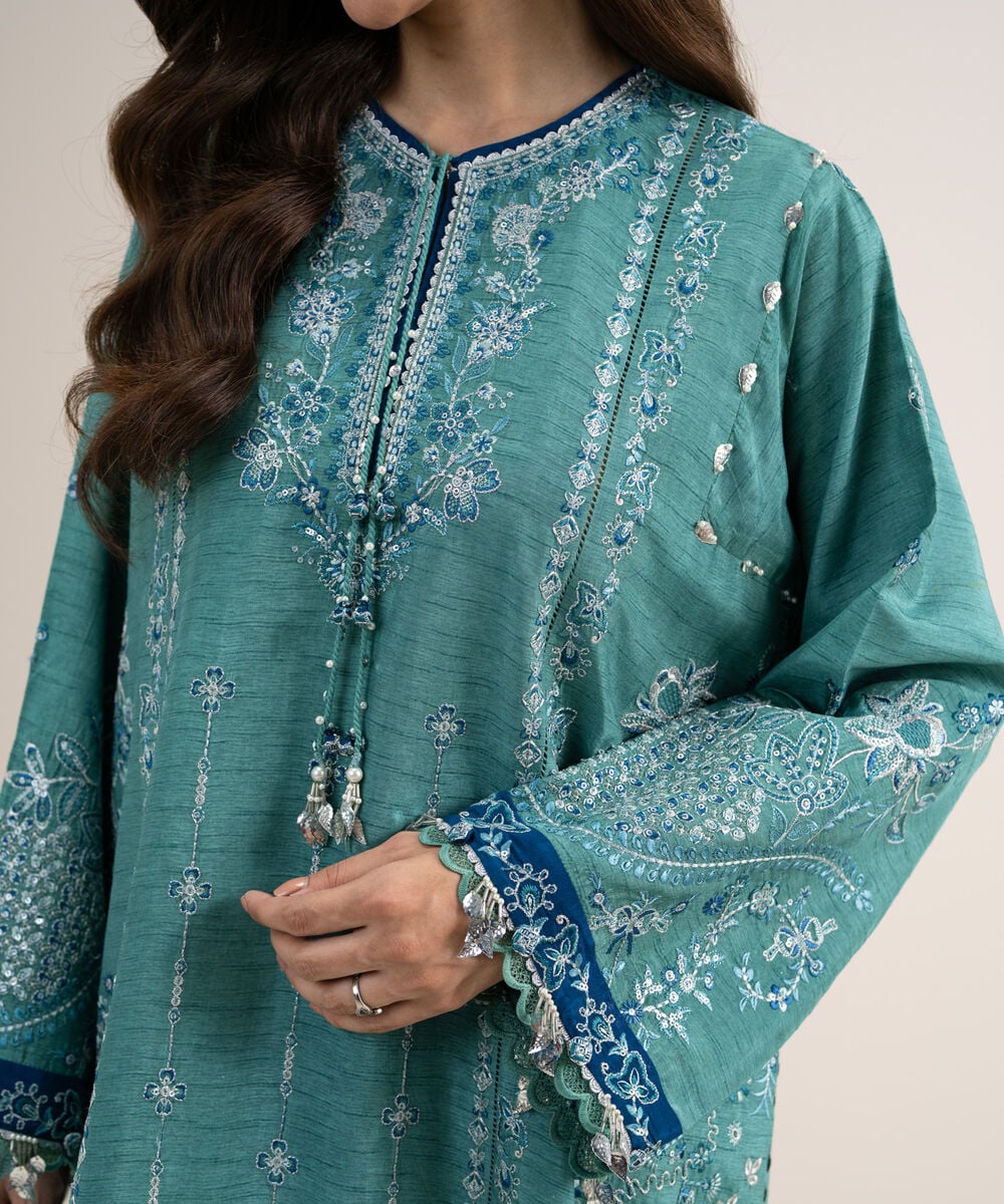 Women's Unstitched Embroidered Viscose Raw Silk Aqua 3 Piece Suit
