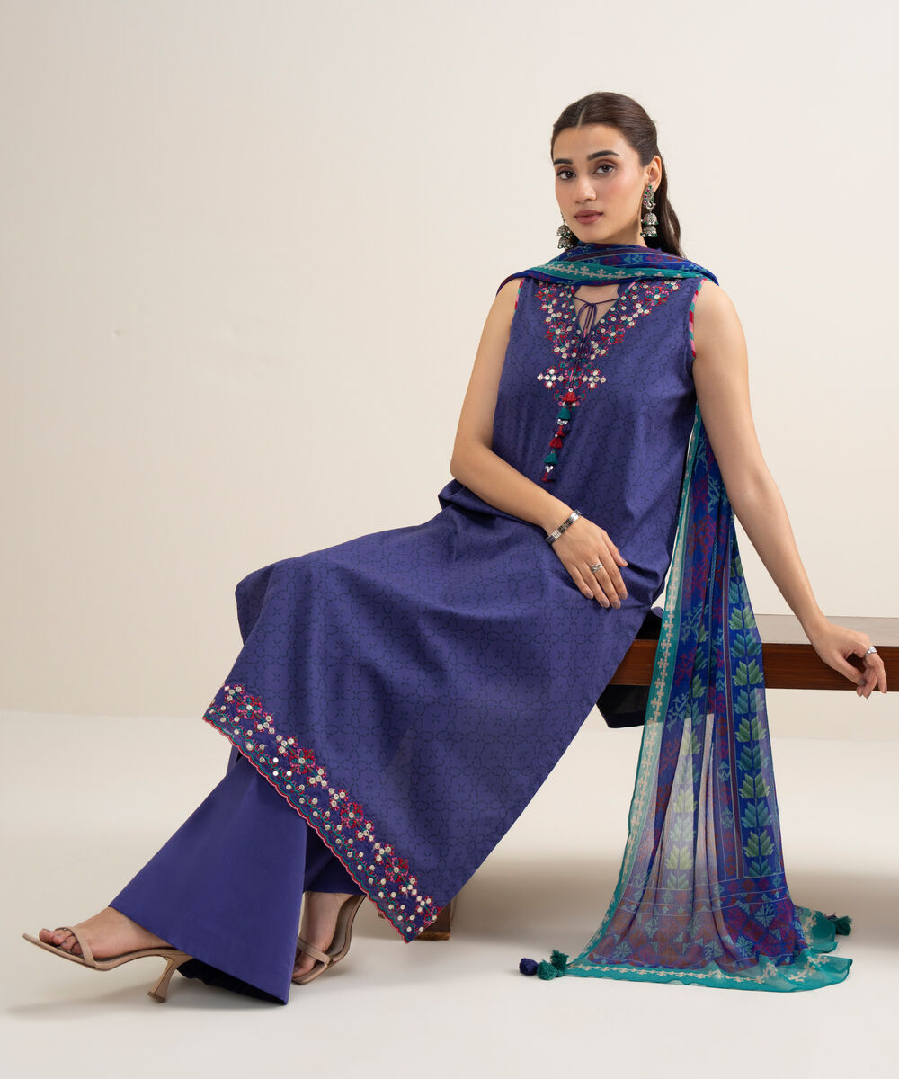Women's Unstitched Lawn Embroidered Blue 3 Piece Suit
