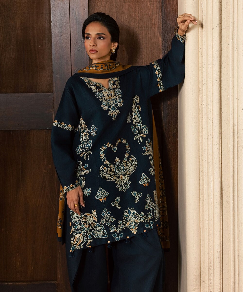 Women's Unstitched Light Khaddar Embroidered Blue 3 Piece Suit