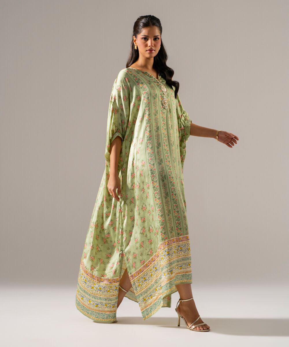 Women's RTW White Featheer Chamoz Printed Green Kaftan