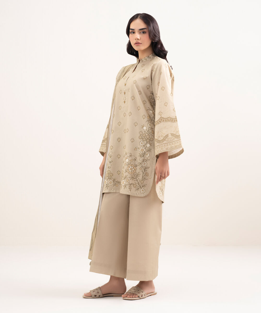 Women's Unstitched Lawn Printed Beige 3 Piece Suit