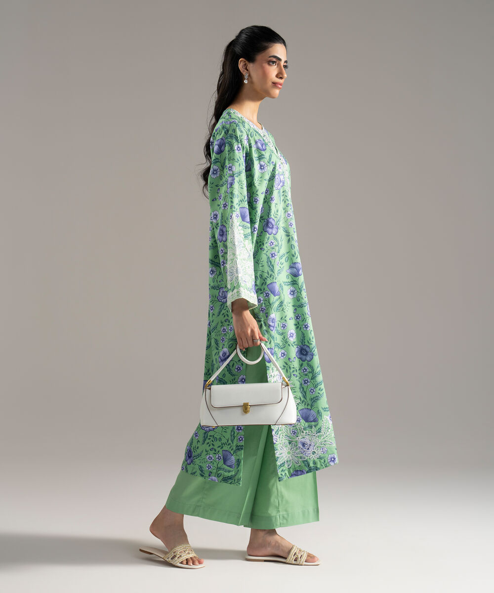 Women's RTW Cotton Viscose Printed Embroidered Green 2 Piece Suit