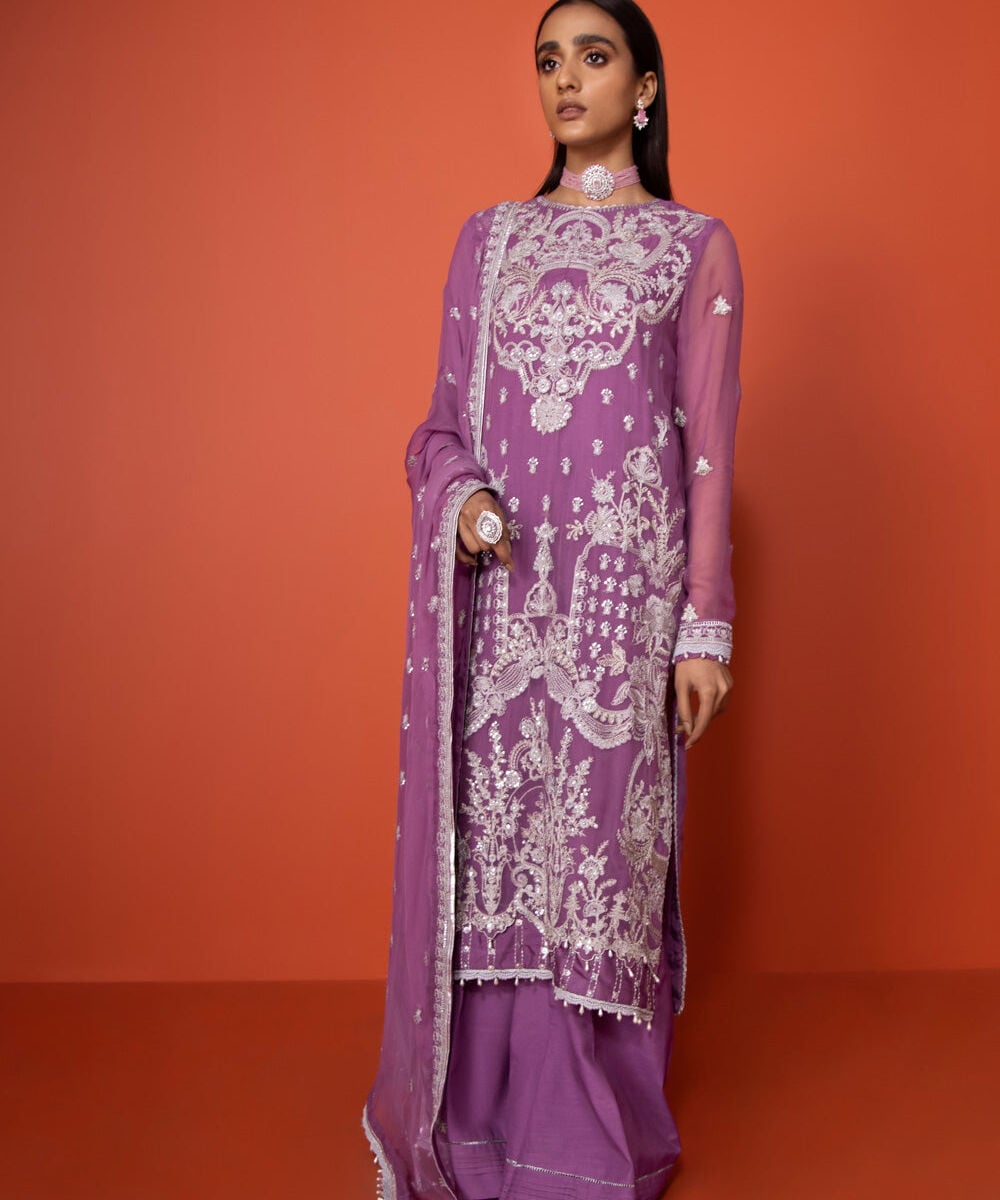 3 Piece - Embroidered Chiffon Suit