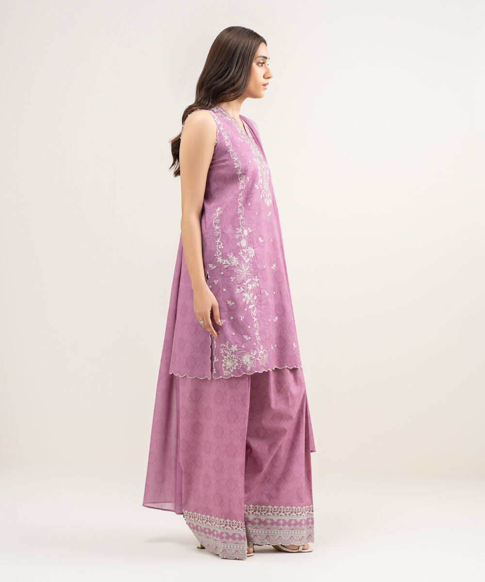 Women's Unstitched Lawn Embroidered Pink 3 Piece Suit