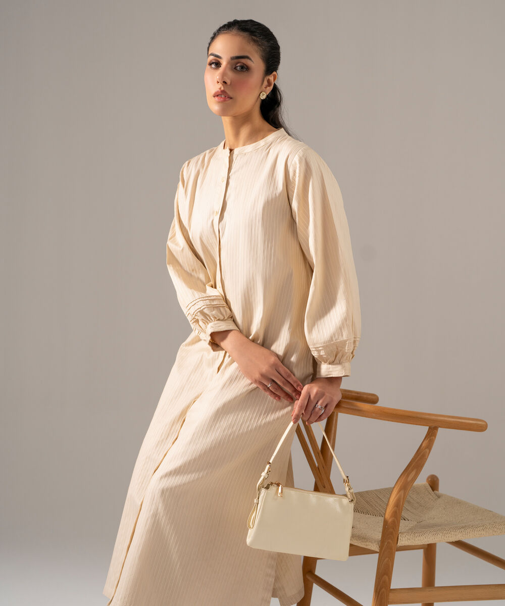 Women's RTW Dobby Strip Solid Off White 2 Piece Suit