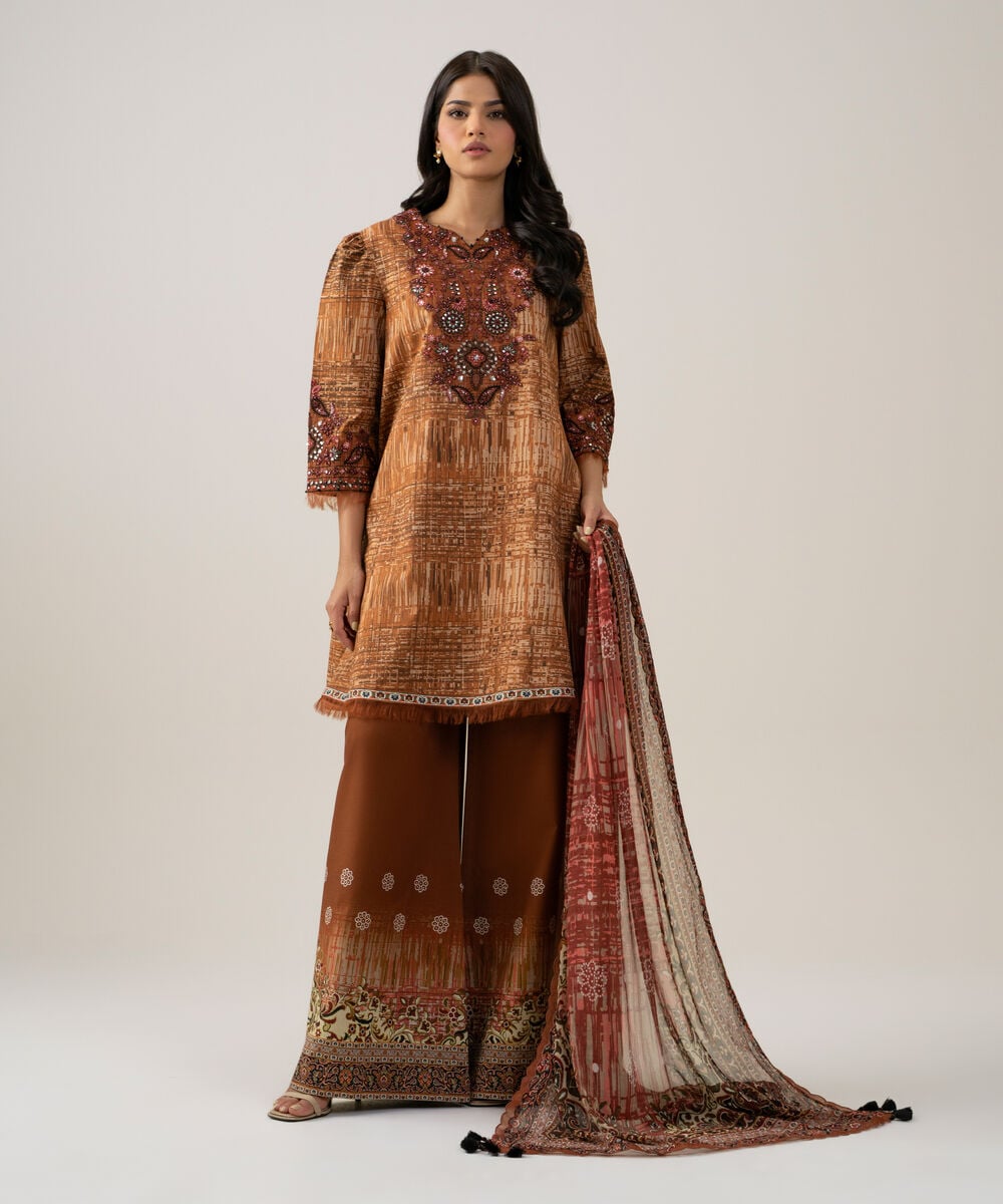 Women's Unstitched Blended Chiffon Printed Rust Brown 3 Piece Suit