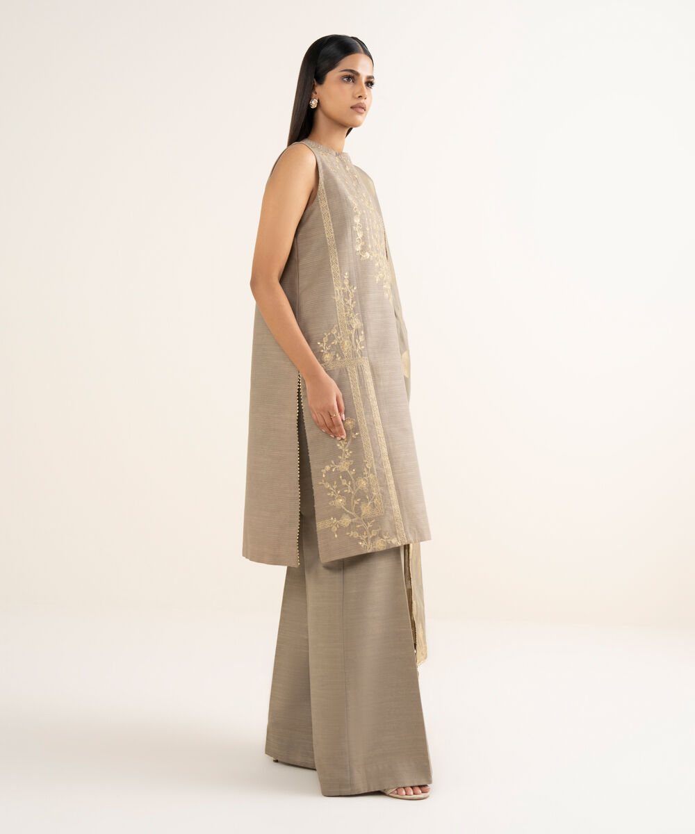 Women's Unstitched Embroidered Zari Khaddar Beige 3 Piece Suit