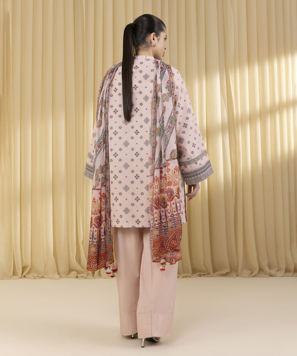 Unstitched Women's Pink Extra Weft Jacquard 3 Piece Suit