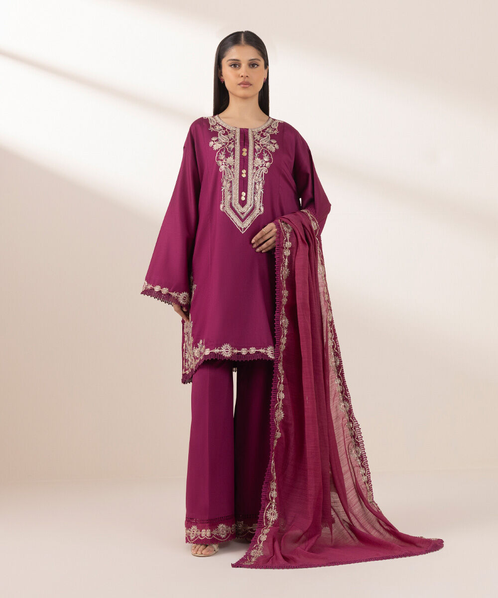 Women's Pret Cotton Satin Purple Embroidered Straight Shirt