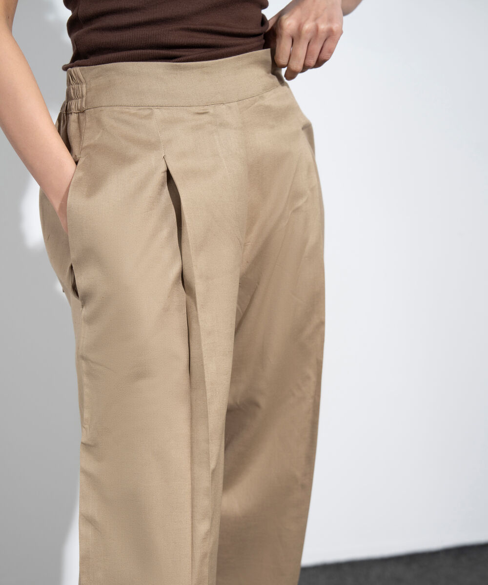 Women's Western Sand Pleated Barrel Linen Blend Trousers