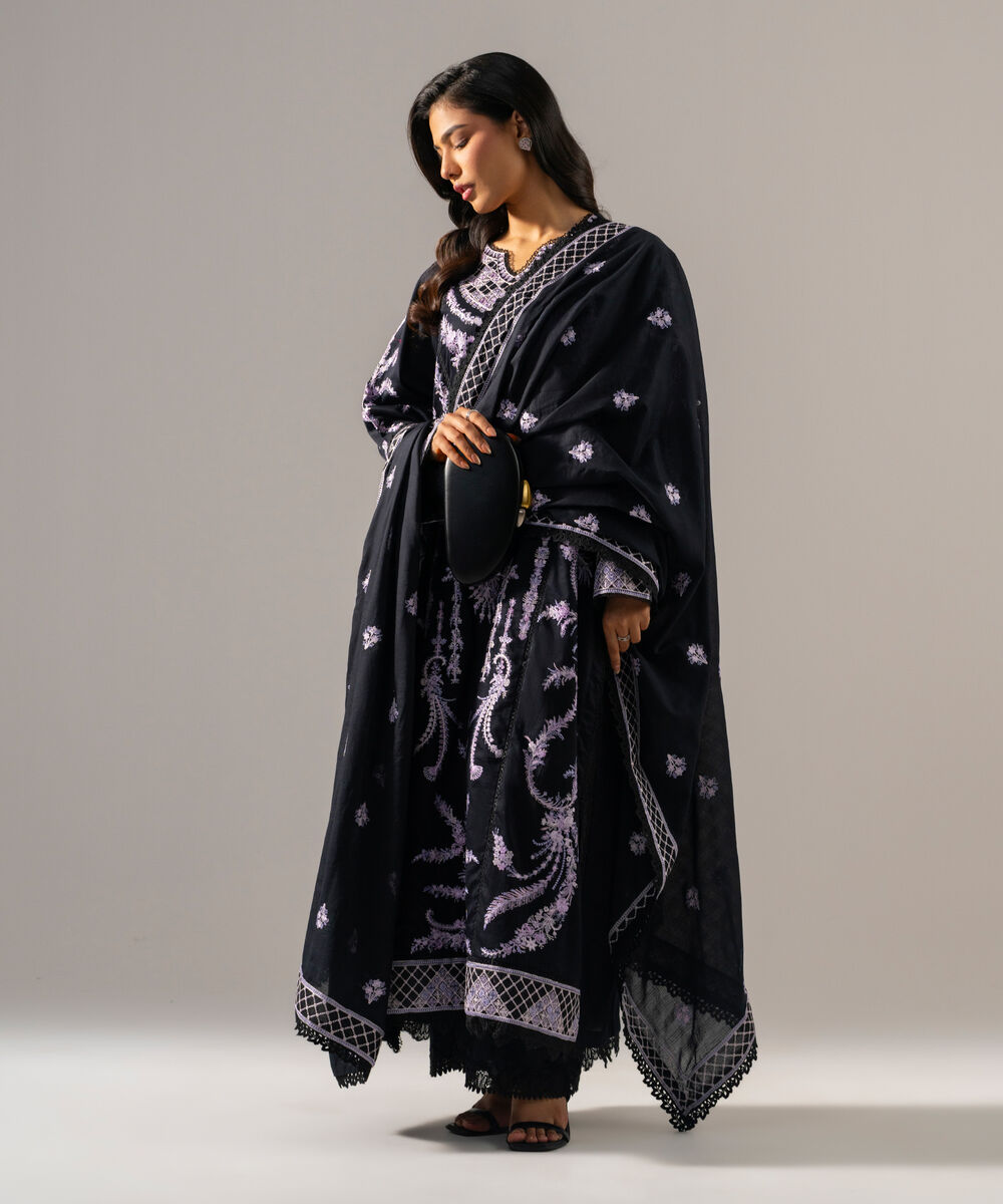 Women's RTW Cotton Satin Solid Embroidered Black 3 Piece Suit