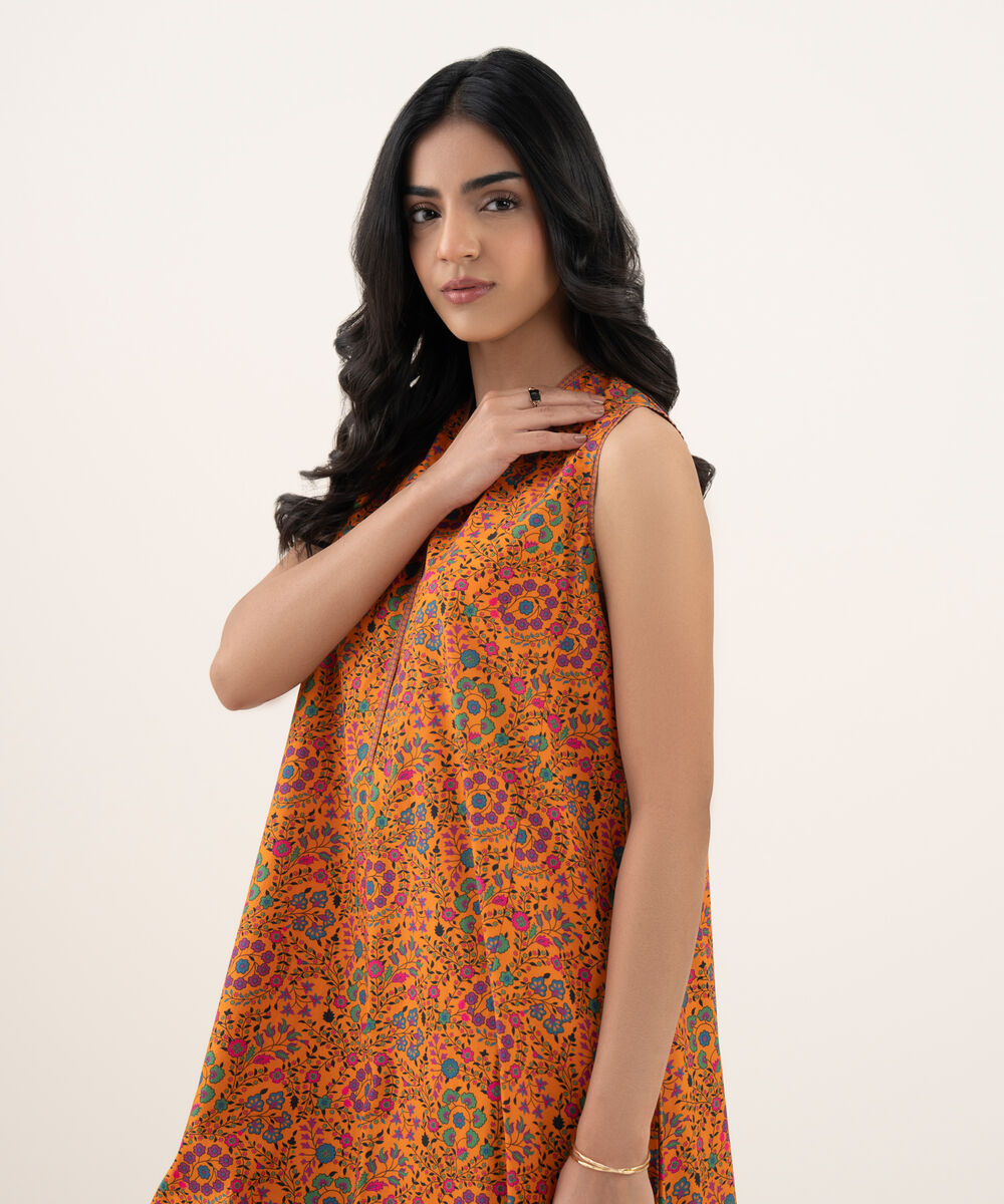 Women's Unstitched Cotton Printed Orange 2 Piece Suit