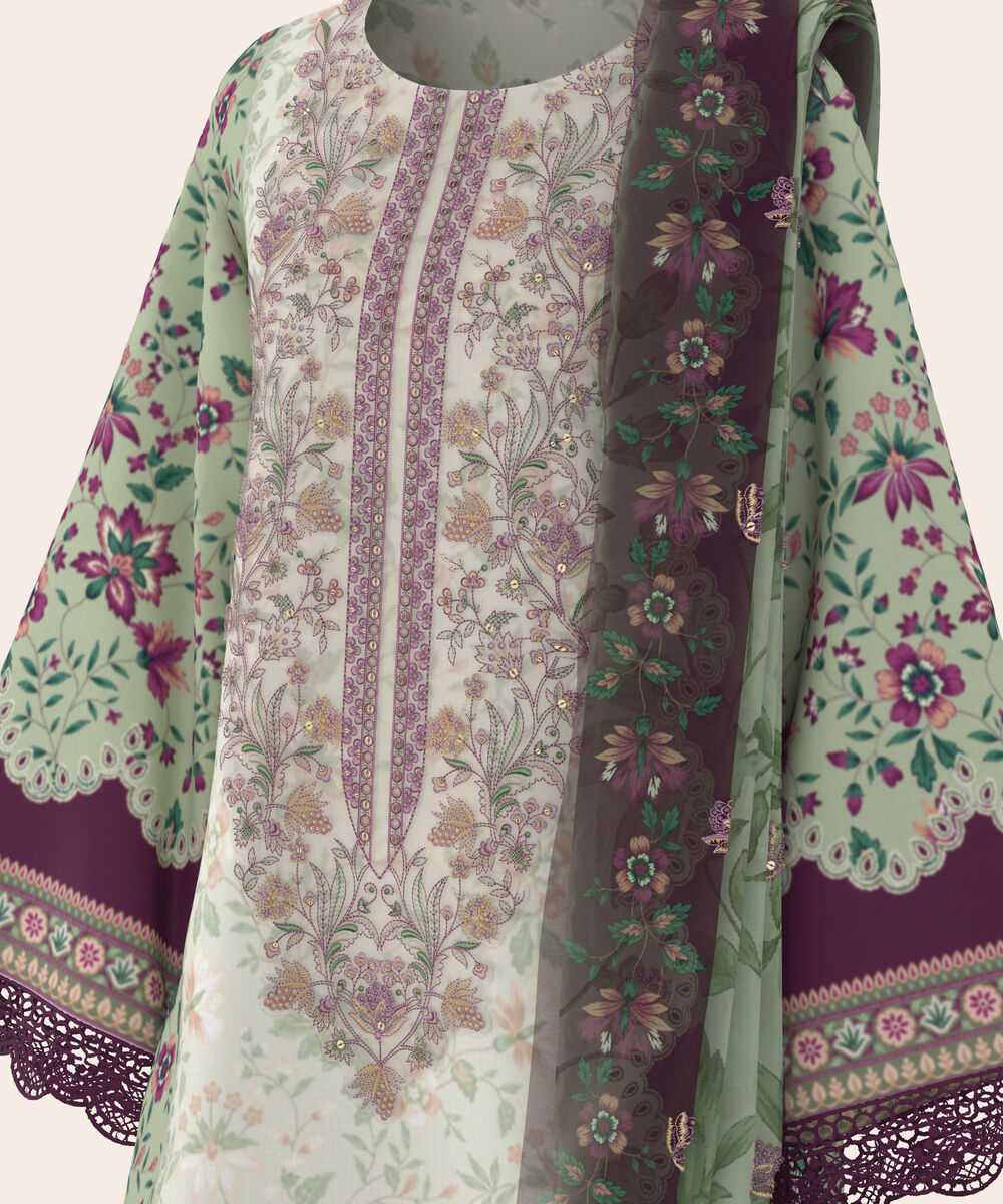 Women's Unstitched Lawn Multi  Embroidered 3 Piece Suit