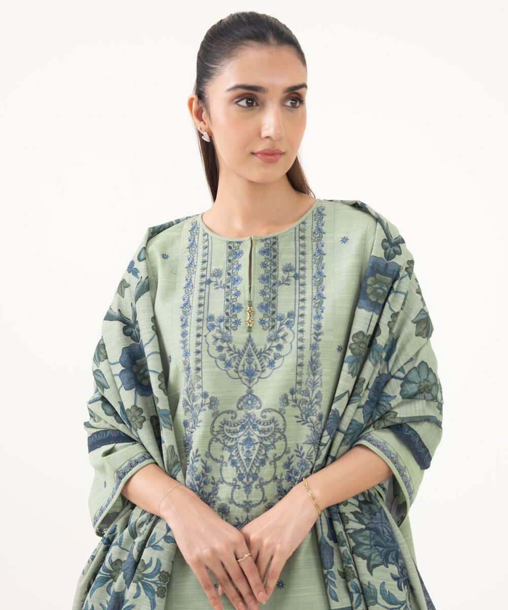 Women's Unstitched Khaddar Embroidered Green 3 Piece Suit
