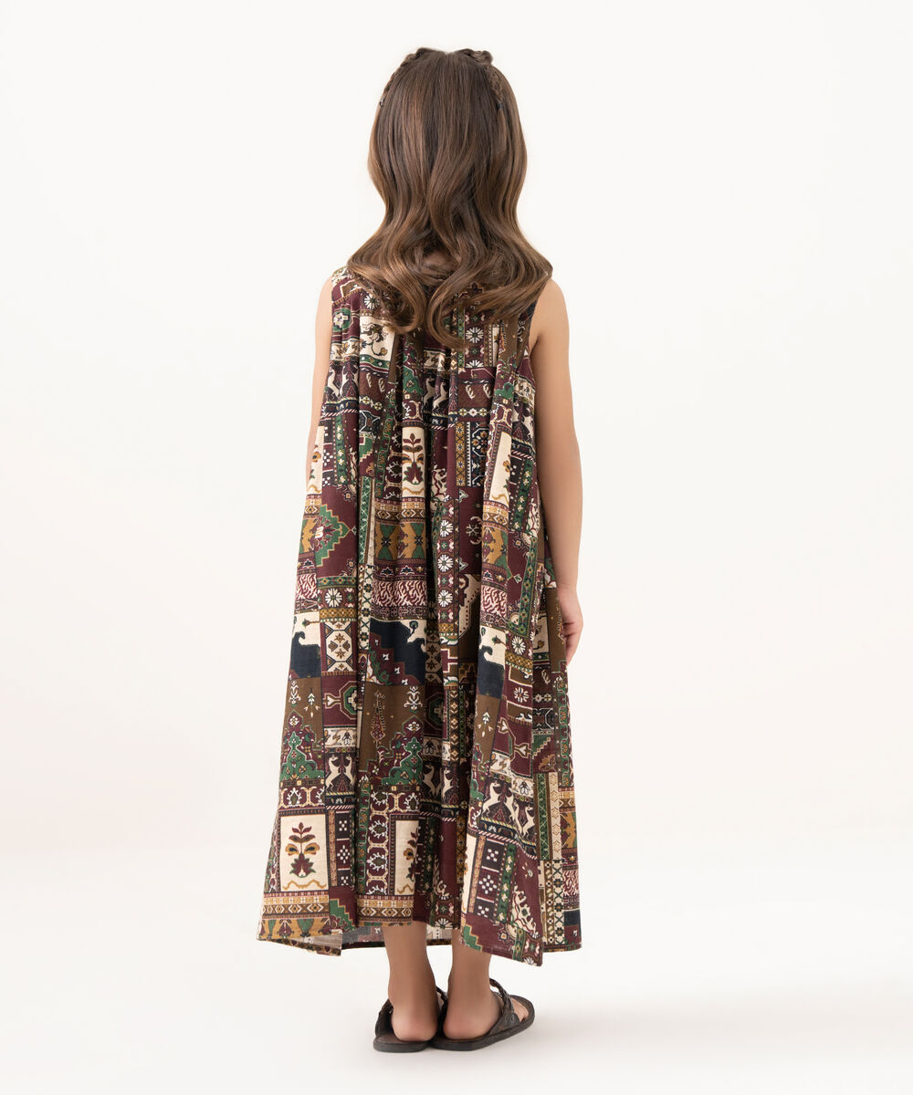 Girl's Light Khaddar Printed Brown A-Line Shirt