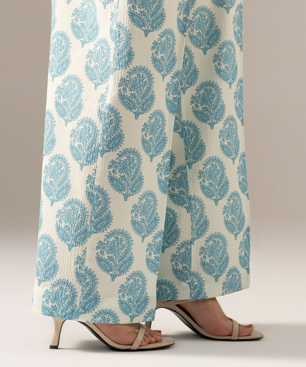 Women's RTW Seersucker Printed Blue Flared Pants
