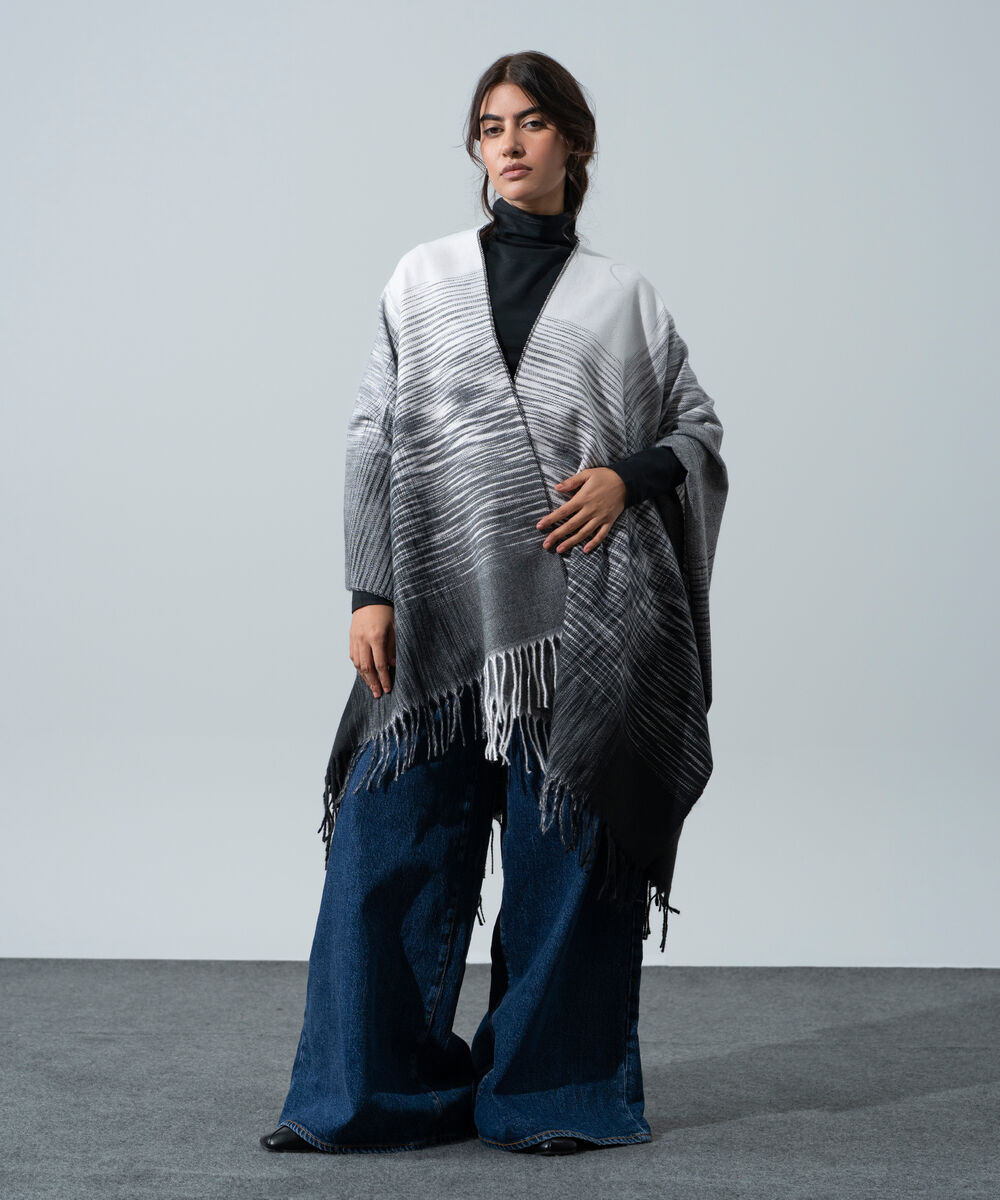 Women's Western Wear White And Grey Polyester Cape Shawl