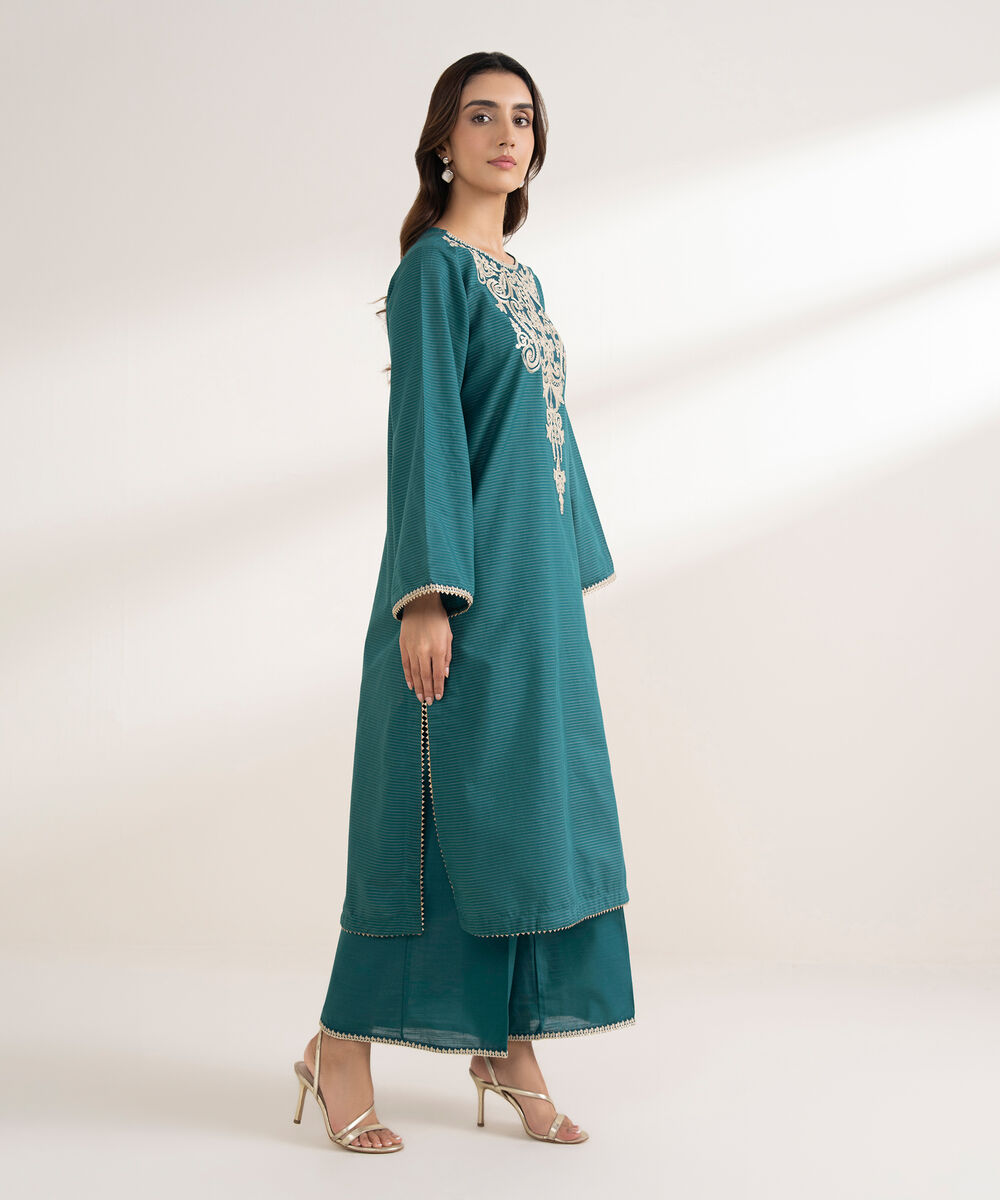 Women's RTW Zari Cotton Embroidered A-Line Teal Shirt