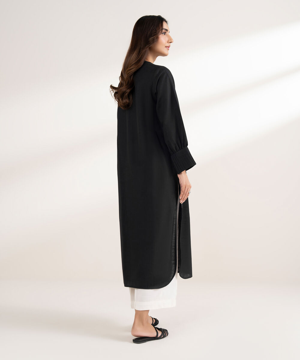 Women's RTW Khaddar Solid Straight Black Shirt