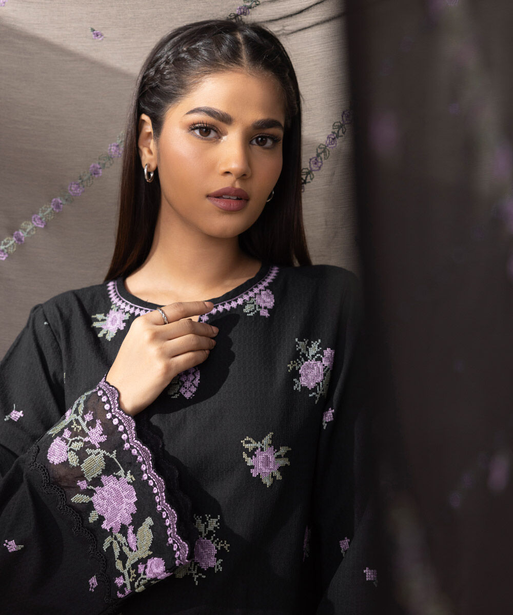 Women's Unstitched Black Dobby 3 Piece Suit