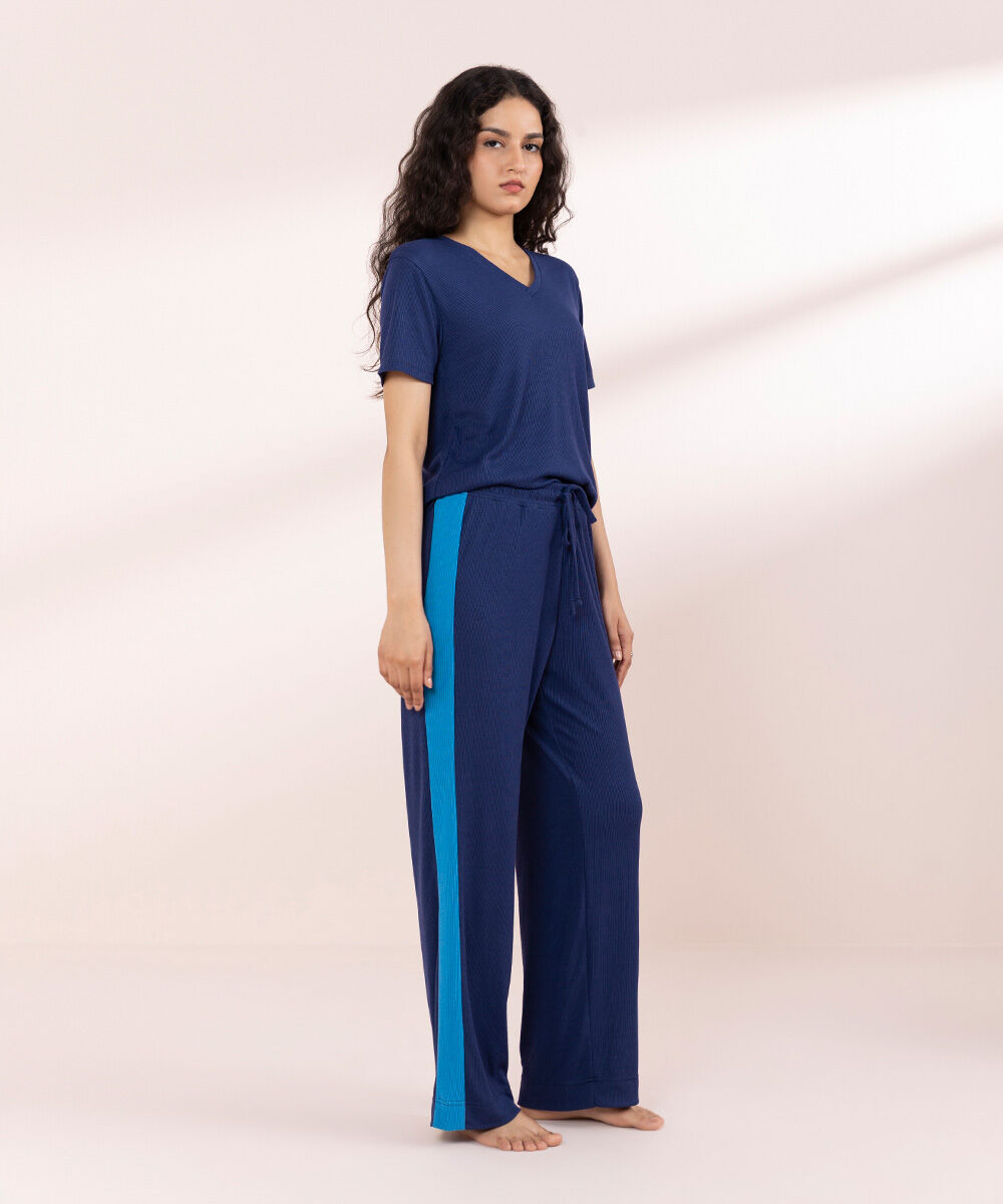Womens Blue Sleepwear Pull On Soft Rib Trouser With Side Panels