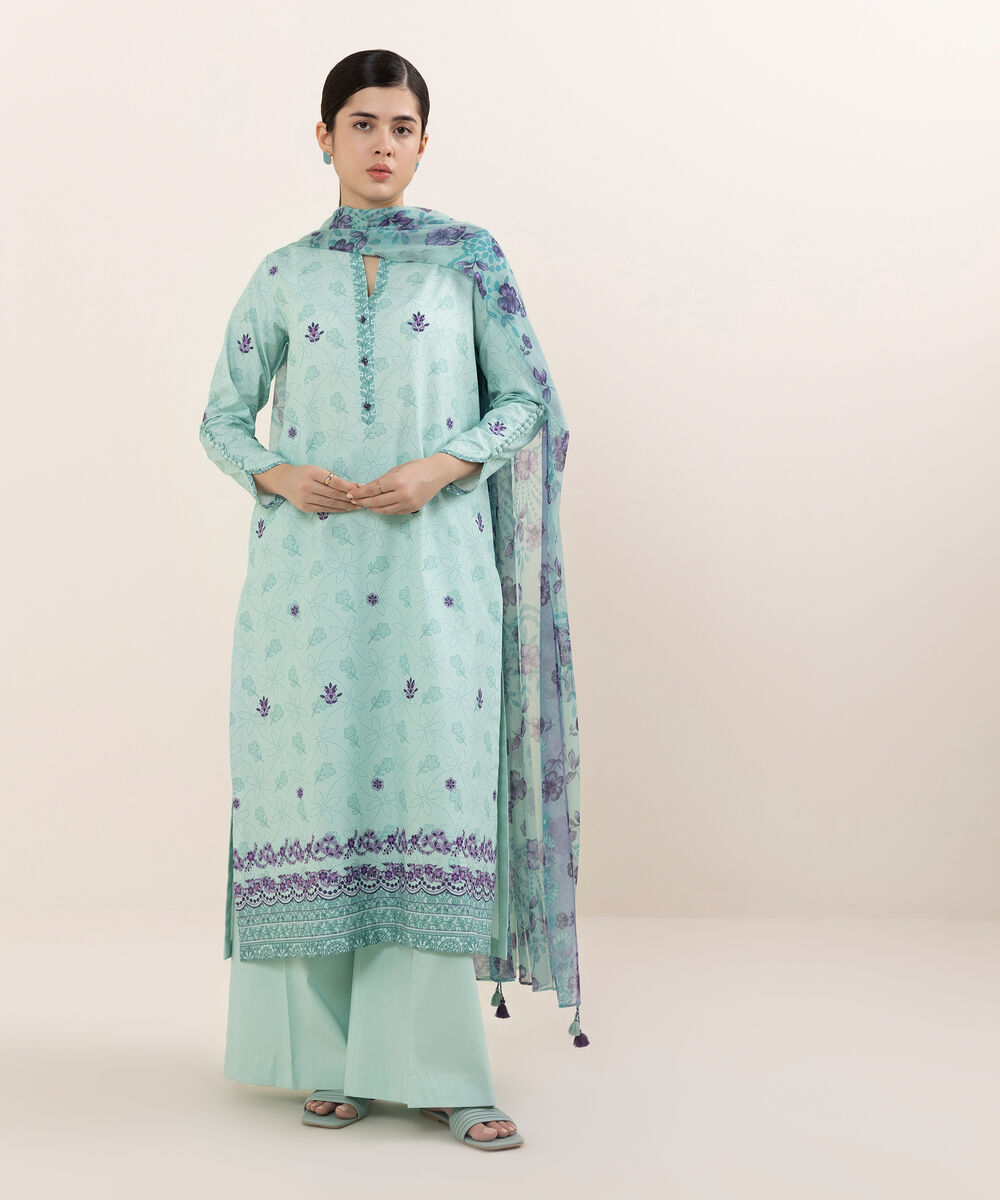 Women's Unstitched Cotton Embroidered Aqua Three Piece Suit