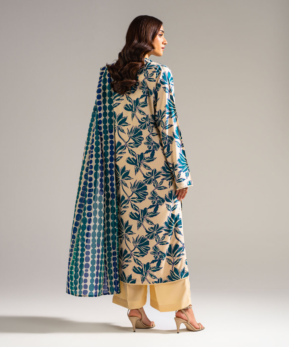 Women's RTW Arabic Lawn Printed Off White 3 Piece Suit
