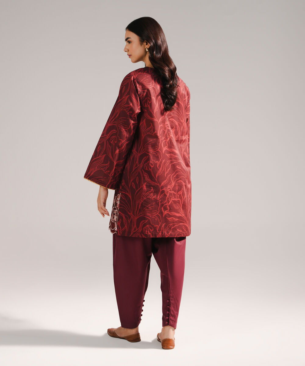 Women's RTW Slub Lawn Embroidered Deep Maroon 2 Piece Suit