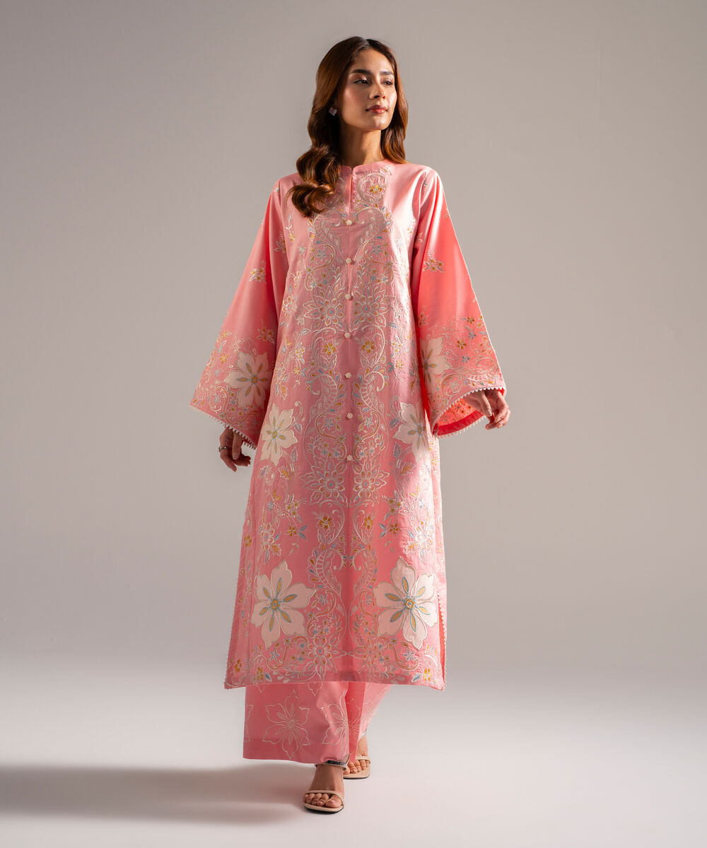 Women's RTW Cotton Satin Embroidered Pink 2 Piece Suit