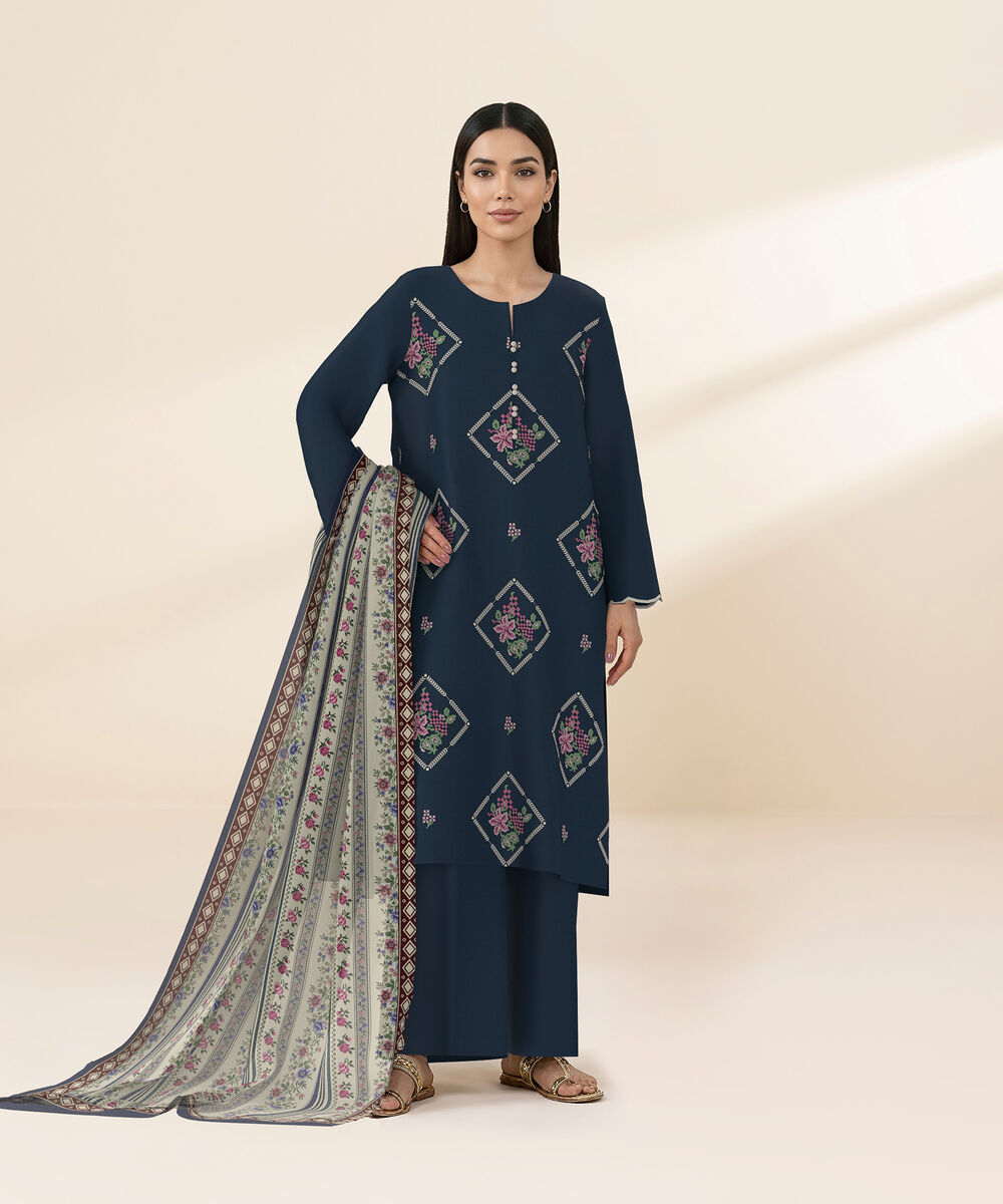 Women's Unstitched Self Jacquard Dark Blue Embroidered 3 Piece Suit