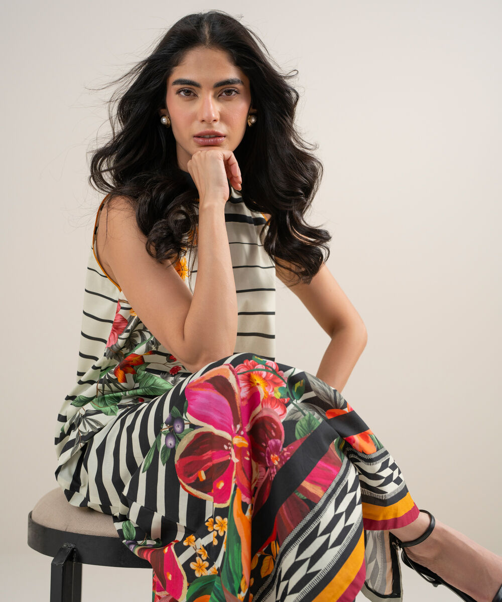 Women's Unstitched Lawn Printed White and  Black 2 Piece Suit